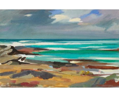 § JOHN CUNNINGHAM (SCOTTISH 1927-2000) SEASCAPE, WEST COAST Signed lower right, oil on canvasDimensions:39.5cm x 60cm (15.5in