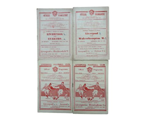 X4 LATE 1940S LIVERPOOL HOMES FOOTBALL PROGRAMMES, EVERTON 21/4/1948, WOLVES 1/5/1948, ARSENAL 31/1/1949, BIRMINGHAM 21/1/195