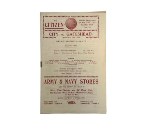 YORK CITY VERSUS GATESHEAD 1933/34 FOOTBALL PROGRAMME, 2/12/1933, LEAGUE FIXTURE. GENERALLY VERY GOOD, MINOR EDGE WEAR.