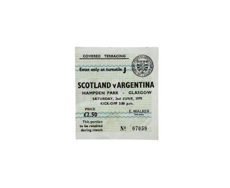 DIEGO MARADONA FIRST ARGENTINA GOAL FOOTBALL TICKET STUB, SCOTLAND VERSUS ARGENTINA 1979, 2/6/1979, ICONIC MOMENT IN SPORTS H