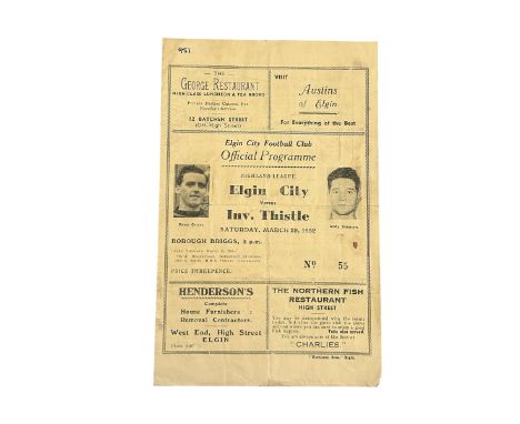 ELGIN CITY VERSUS INVERNESS THISTLE 1951/52 FOOTBALL PROGRAMME, 29/3/1952. FOLDS AS SEEN, MARKS TO BACK PAGE, EDGE WEAR.