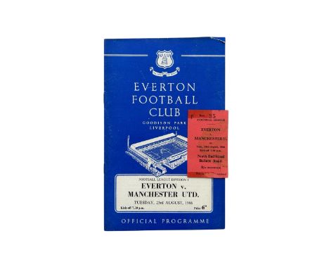 MANCHESTER UNITED AWAY VERSUS EVERTON 1966/67 FOOTBALL PROGRAMME AND TICKET STUB, 23/8/1966. PIECE MISSING NOTED, SLIGHT DAMA