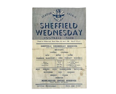 MANCHESTER UNITED RESERVES AWAY VESUS SHEFFIELD WEDNESDAY RESERVES 1954/55 FOOTBALL PROGRAMME, 8/4/1955. FOLDS NOTED, MARKS T