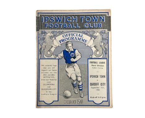 IPSWICH TOWN VERSUS CARDIFF CITY 1938/39 FOOTBALL PROGRAMME, 10/9/1938. TAPE REPAIRS ON SPINE, DAMAGED SPINE.