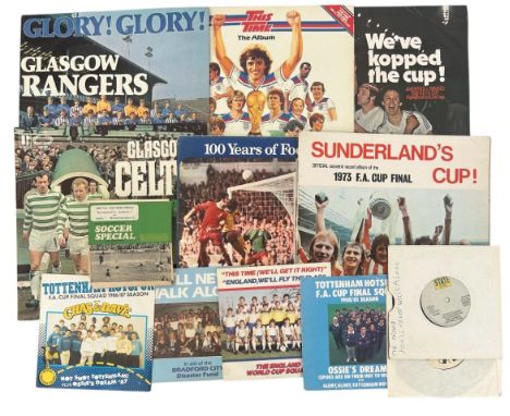 X11 VINYL FOOTBALL RECORDS, 5 EPs, 6 SINGLES, TITLES INC ENGLAND SQUADS X3/ TOTTENHAM X2/ LIVERPOOL X2/ RANGERS/ CELTIC/ SUND
