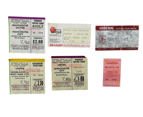 X6 MANCHESTER UNITED 1980S FOOTBALL TICKET STUBS, FAC 6TH ROUND VERSUS WIMBLEDOM/ WEST HAM 9/3/1985, LIVERPOOL 9/2/1986, MANC
