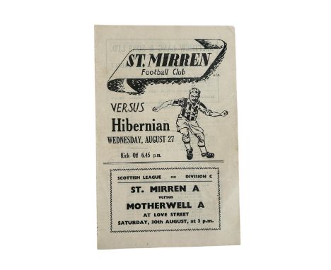 ST MIRREN VERSUS HIBERNIAN 1952/53 FOOTBALL PROGRAMME, 27/8/1952. STAPLES REMOVED, MINOR MARKS.
