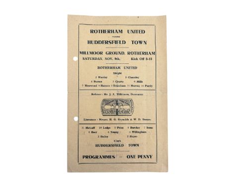 ROTHERHAM UNITED VERSUS HUDDERSFIELD TOWN 1940/41 FOOTBALL PROGRAMME, 9/11/1940, WAR TIME SINGLE SHEET. PUNCH HOLES .