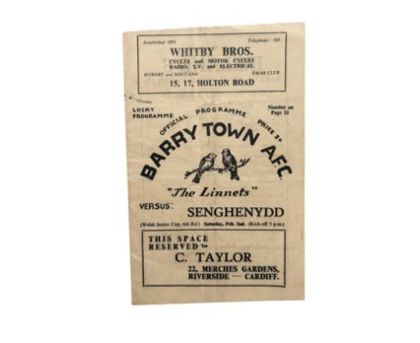 BARRY TOWN AFC VERSUS SENGHENYDD 1951/52 FOOTBALL PROGRAMME, 2/2/1952, WELSH CUP. CREASING NOTED.