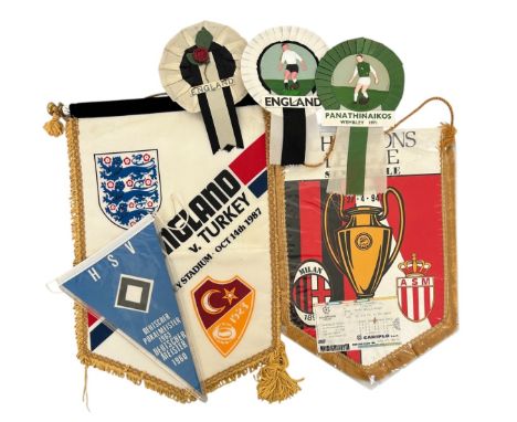 X3 VINTAGE FOOTBALL PENNANTS PLUS X3 ROSETTES, AC MILAN MONACO 1994 PENNANT INC MATCH TICKET, HAMBURG 1963 PENNANT, ENGLAND T