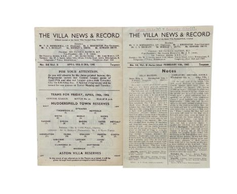 X2 ASTON VILLA 1940S HOME FOOTBALL PROGRAMMES, VERSUS COVENTRY CITY, 10/2/1945 CUP ISSUE ( TYPED DETAILS), 20/4/1946 (EX BIND