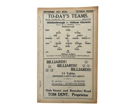 MIDDLESBOROUGH VERSUS OLDHAM 1924/25 FOOTBALL PROGRAMME, 8/11/1924, LEAGUE ISSUE. EX BINDER, LACKING COVER.