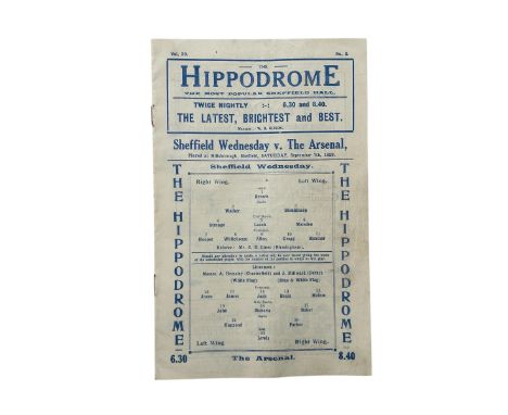 SHEFFIELD WEDNESDAY VERSUS ARSENAL 1929/30 FOOTBALL PROGRAMME, 7/9/1929, LEAGUE FIXTURE. RUSTY STAPLES NOTED.