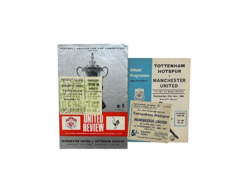 X2 MANCHESTER UNITED VERSUS TOTTENHAM HOTSPUR 1967/68 FOOTBALL PROGRAMME AND TICKET STUBS, FA CUP 3RD ROUND AT OLD TRAFFORD A