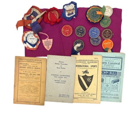 X15 1950S ONWARDS ATHLETIC ROSETTES PLUS X4 1920S ONWARDS PROGRAMMES, 1928 CHICHESTER SPORTS PROGRAMME, 1936 BOURNVILLE CARNI