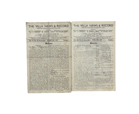 X2 ASTON VILLA 1944/45 HOME FOOTBALL PROGRAMMES, 10/3/1945 BIRMINGHAM CITY (FOLDS/ SCORES NOTED), 28/4/1945 STOKE CITY CUP IS