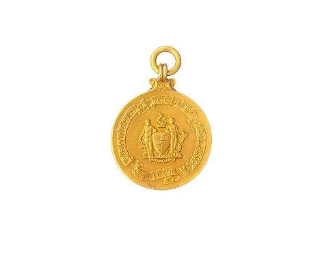 1931/32 BIRMINGHAM COUNTY CHARITY CUP, SOLID GOLD MEDAL, STAMPED VAUGHTON AND SONS, WEIGHS 20 GRAMS, YEAR INSCRIBED TO RIM, A