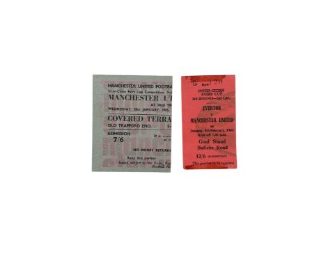 X2 MANCHESTER UNITED VERSUS EVERTON 1964/65 FAIRS CUP 3RD TICKET STUBS, 1ST AND 2ND LEGS, AT OLD TRAFFORD 20/1/1965, AT GOODI