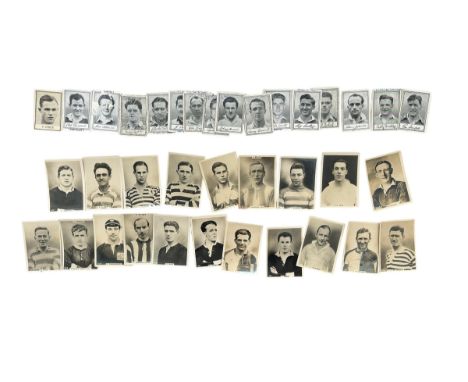 X37 MIXED BLACK AND WHITE FOOTBALL TRADING CARDS, INC 17 DEVLIN/ BARRATT CARDS (GENERALLY POOR CONDITION), 20 MEDIUM SIZED PI