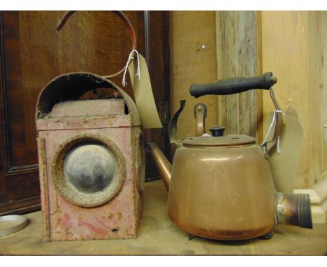 Two copper kettles, old road lantern and a small set of wall shelves