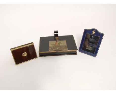 A small enamel photograph frame with polo mount, Gucci cigarette case and a tin cigarette case (3)