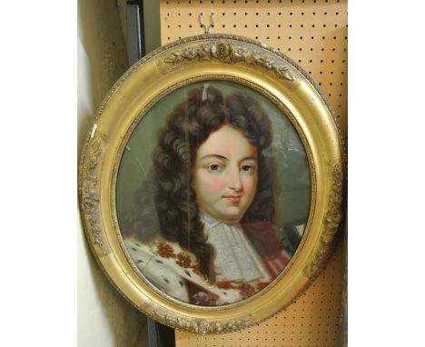 A 19th century painting on glass of oval convex form showing a shoulder length portrait of an elegant gentleman in 17th centu