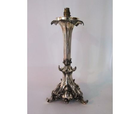 A good quality 19th century silver plated cast metal desk lamp (electrified), the central tapering foliate stem raised on a t