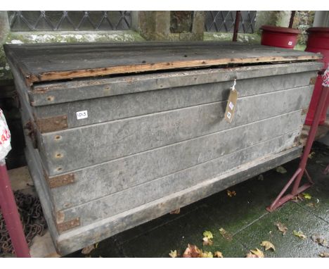 A substantial vintage stained pine box, zinc lined with hinged lid, tongue and groove boarded construction and side carrying 