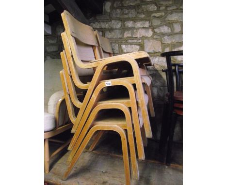 Eight vintage laminated beech and plywood stacking school chairs
