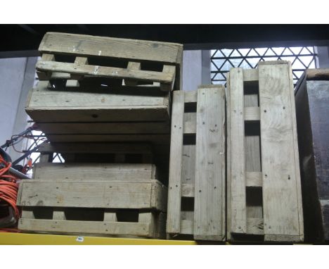 Nine vintage wooden potato/vegetable trays/crates with open slatted bases