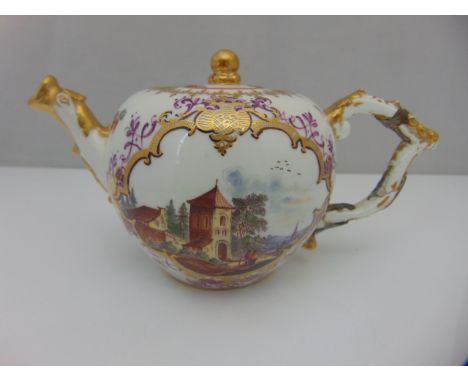 An 18th century Meissen teapot of globular form with matching cover and polychrome painted decoration of landscapes with figu