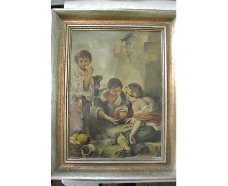 An oil painting on canvas after Murillo, showing ragged boys playing dice, 45 x 32cm in gilt frame