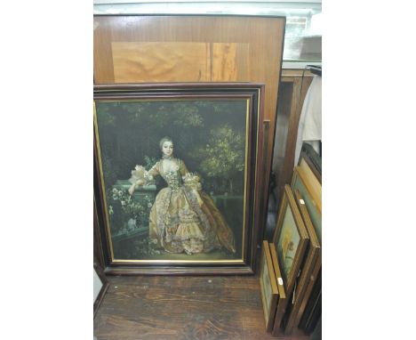 A collection of pictures and prints including an oil painting on canvas portrait of an elegant lady in 18th century style cos