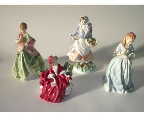 Three Royal Worcester figures comprising Sweet Anne No3630, First Dance No3629 and Rosie Picking Apples from the Old Country 