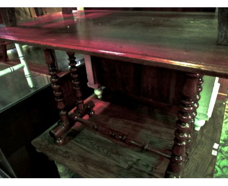 A Victorian mahogany occasional table, the rectangular top with moulded outline raised on four turned bobbin columns united b
