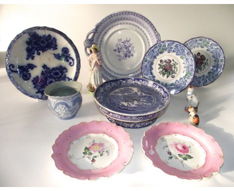 A collection of mainly 19th century ceramics including a Staffordshire figure of a  lady gardener, a collection of miniature 