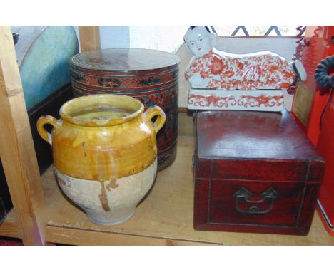 A lacquered and painted oriental lidded compartmental storage box together with an Chinese stained leather clad box of rectan