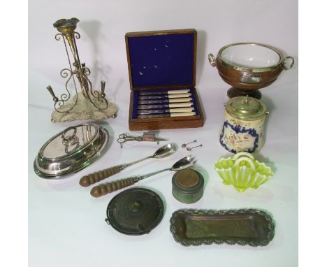 Miscellaneous effects to include a silver plated centre piece with central posy vase, a oval lidded tureen, cased fish cutler