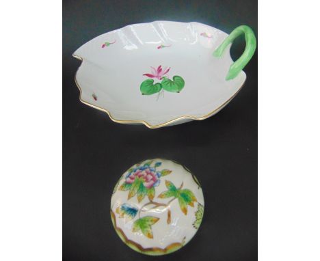 A Herend leaf shaped dish with painted floral sprigs and sprays together with a Herend trinket box and cover with floral deco
