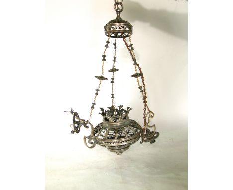 A good quality 19th century silver plated ceiling light of rounded form with pierced decoration and stylised foliate mounts