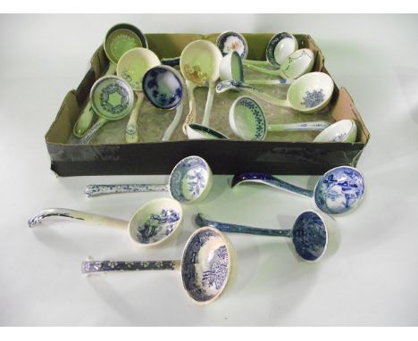 A collection of 19th century and later ceramic ladles including early 19th century blue and white examples with chinoiserie, 