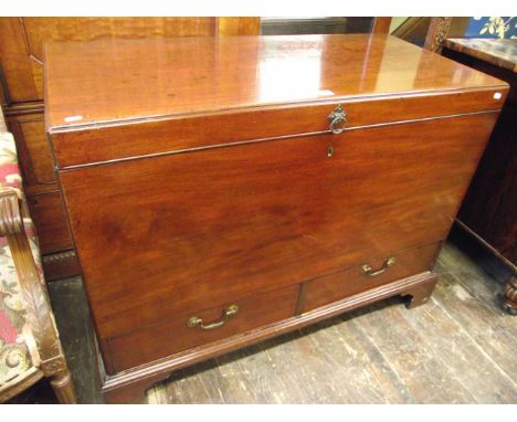 An early 19th century mahogany silver chest with rising lid revealing a baise lined interior over a single frieze drawer, rai
