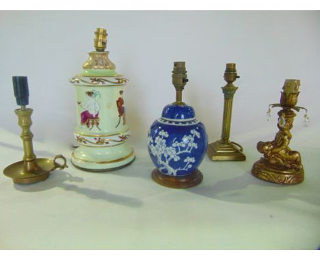 A cylindrical ceramic desk lamp base with painted decoration depicting classical seated figures with gilded borders, height 3