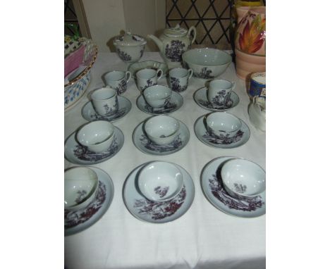 A collection of mid 18th century teawares, probably Hancock Worcester, with dark puce printed decoration incorporating landsc