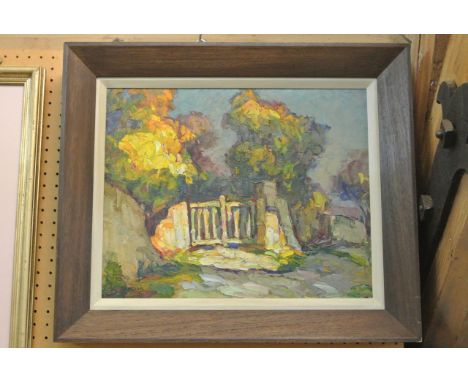 A 20th century oil painting on board showing a garden gate amongst trees and distant building, painted in the impasto techniq