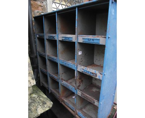 A vintage flight of steel framed industrial pigeon holes with blue painted finish together with a further industrial steel sh