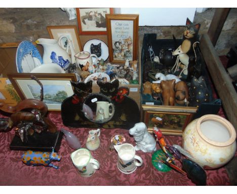 A quantity of cat related ceramics and other items including blue and white printed National Trust jug, cachepot and jug, a f