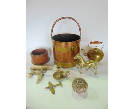 Metal wares to include 19th century copper and brass banded pail with looping handle together with a solid brass model of a h