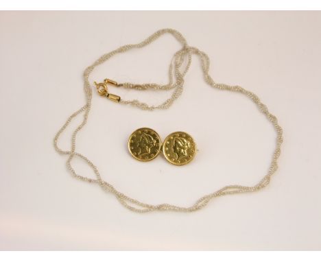 A double-strand seed pearl necklace, with 18ct gold clasp; and an American 1 Dollar double coin brooch, 1851 & 1853, 3.8g (2)