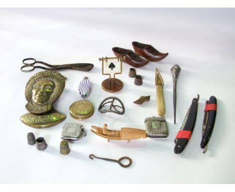 A small miscellaneous collection to include antique cutlery, a silver and other vesta case, antique thimbles, scissors and br